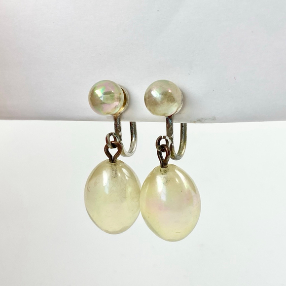 Antique Rainbow Iridescent Bubble Glass Sterling Drop Earrings. Screwback. - Picture 3 of 9